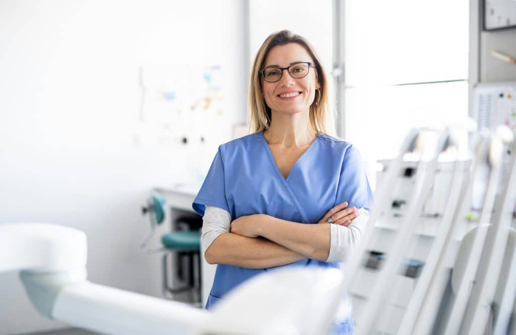 a nurse working in a sterile office space
