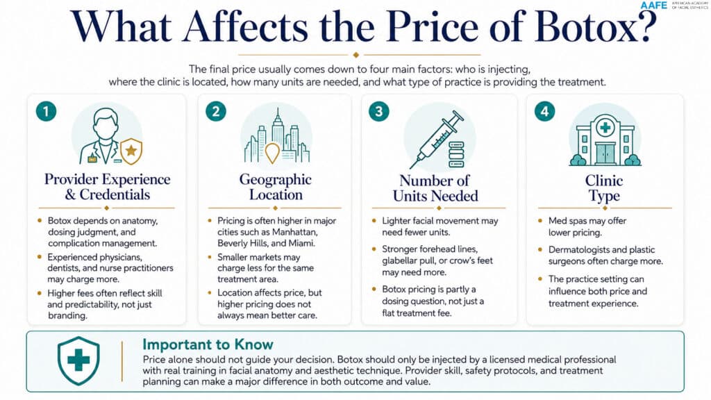 What Affects The Price Of Botox Infographic Showing Provider Experience, Geographic Location, Number Of Units Needed, And Clinic Type