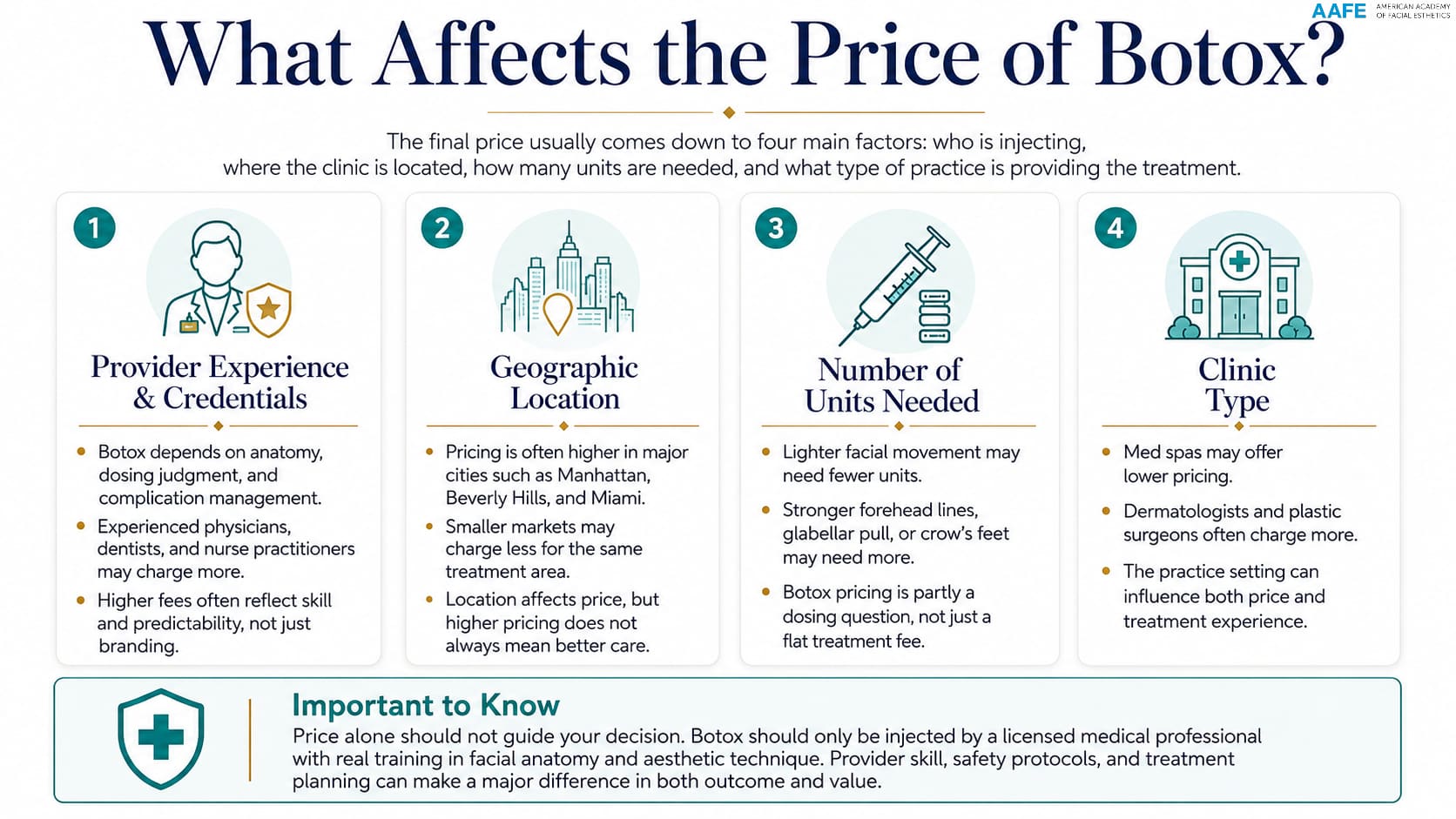 How Much Does Botox Cost? Price Per Unit, Per Area &Amp; What To Expect 4 What Affects The Price Of Botox Infographic Showing Provider Experience, Geographic Location, Number Of Units Needed, And Clinic Type