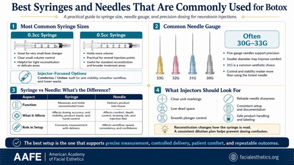 Best Syringes And Needles For Botox Infographic Comparing 0.3Cc And 0.5Cc Syringes, 30G To 33G Needles, Dosing Precision, And Injector Workflow