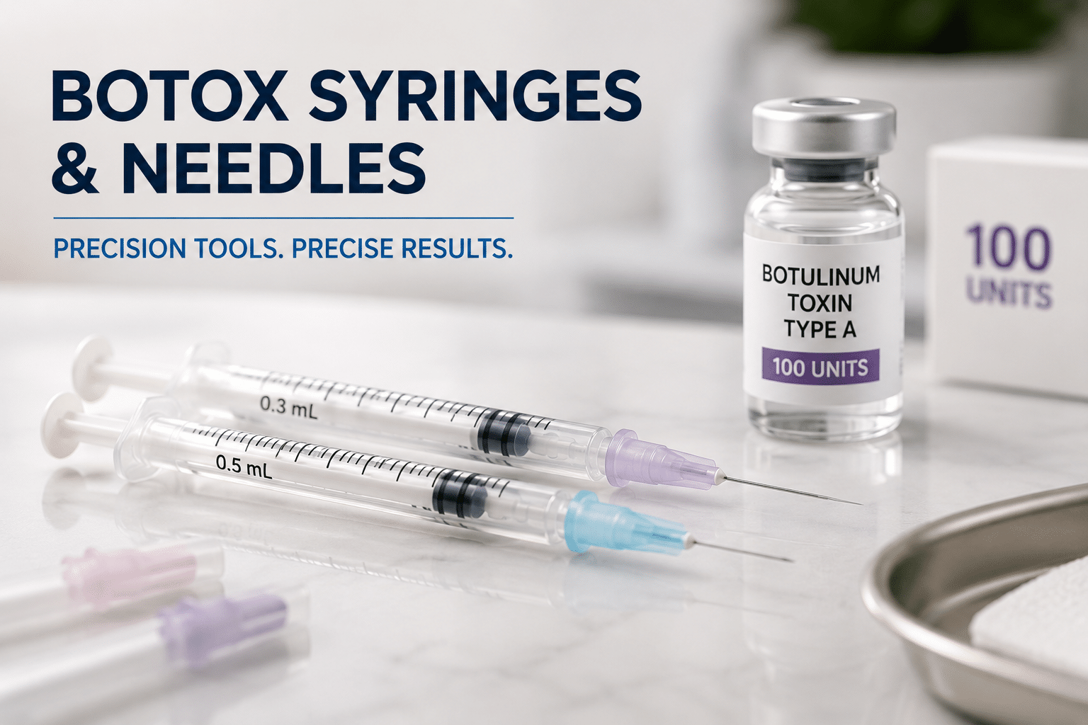 Botox syringes and needles featured image showing 0.3 mL and 0.5 mL syringes, fine-gauge needles, and botulinum toxin vial for precision dosing
