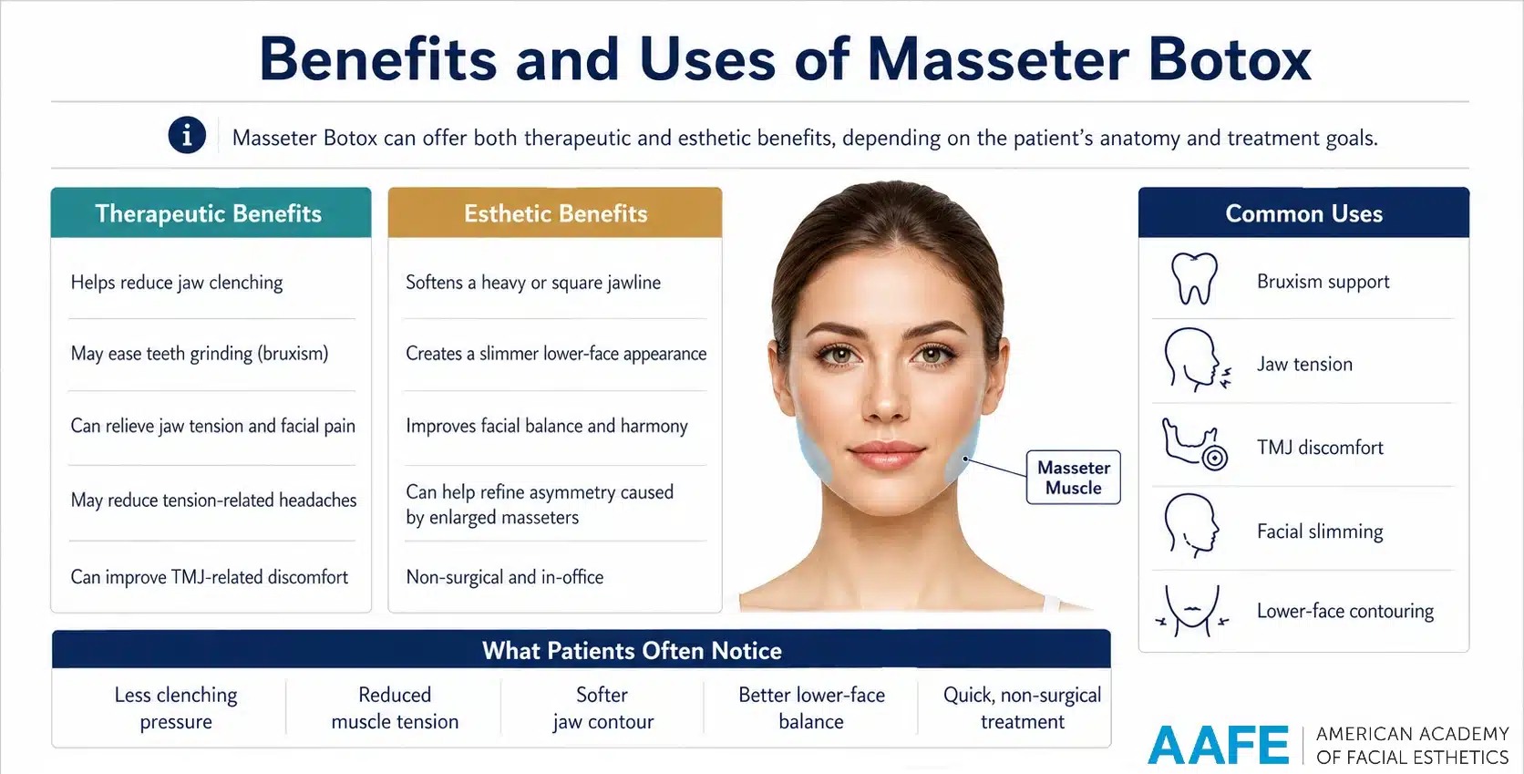 Masseter Botox Benefits Infographic: Therapeutic Uses Including Bruxism, Jaw Tension, And Tmj Relief Alongside Esthetic Benefits Like Jaw Slimming And Facial Contouring