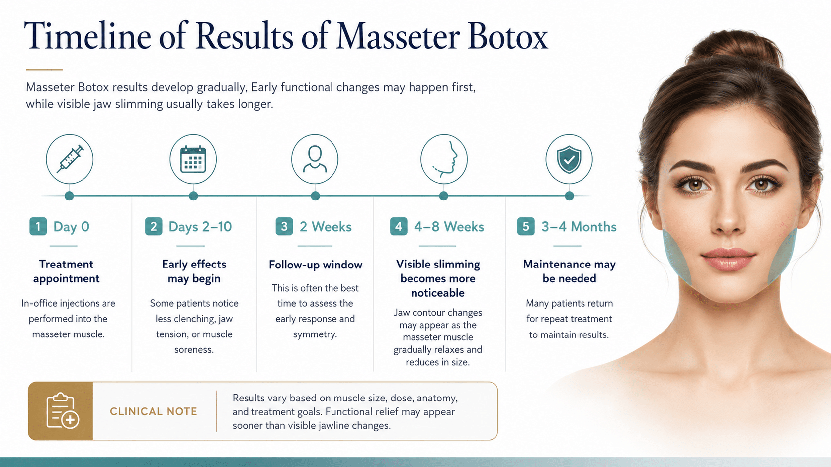 Timeline Of Masseter Botox Results Showing Day 0, Days 2–10, 2 Weeks, 4–8 Weeks, And 3–4 Month Maintenance Stages