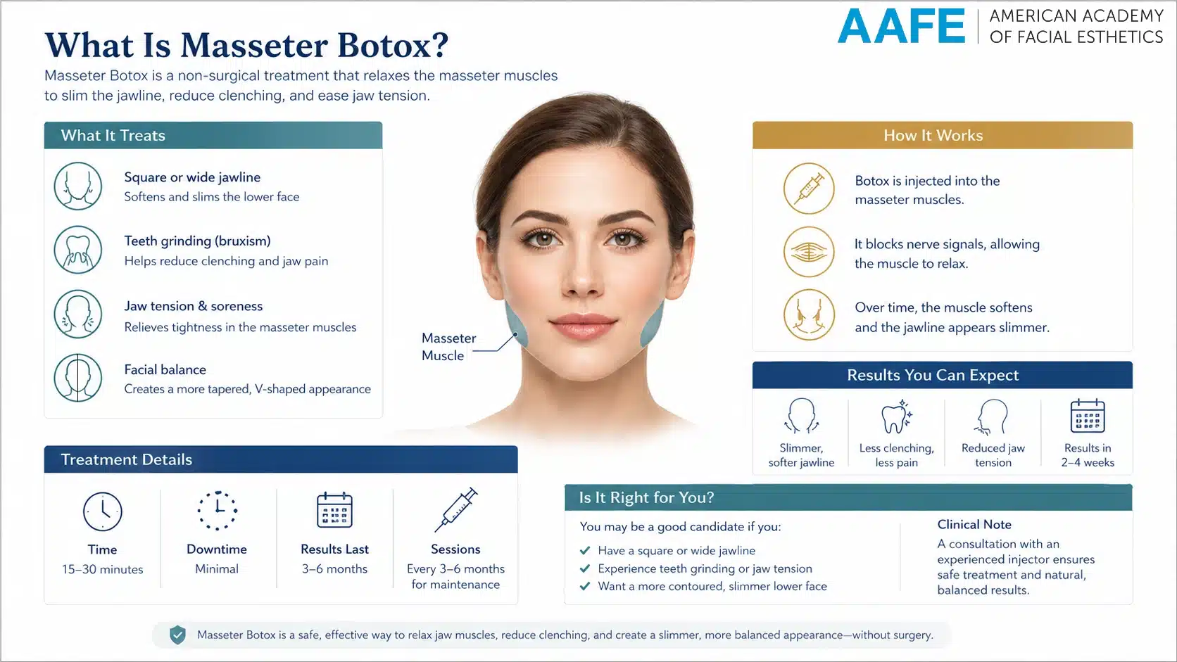 Masseter Botox Infographic: Non-Surgical Jaw Slimming Treatment For Bruxism, Jaw Tension, And Wide Jawline — How It Works, Results, And Treatment Details