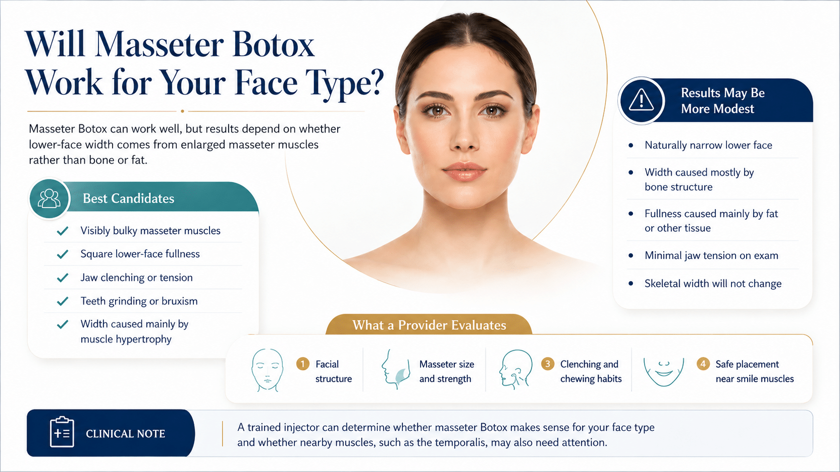 Will Masseter Botox Work For Your Face Type Infographic Showing Best Candidates, Modest Result Factors, And Provider Evaluation Points