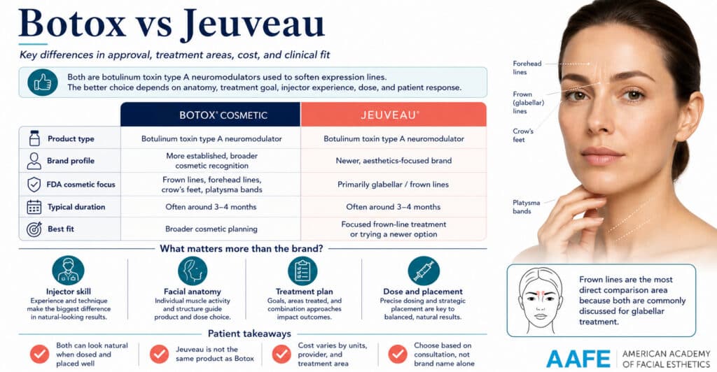 Botox Vs Jeuveau 1 Botox Vs Jeuveau Infographic Comparing Treatment Areas, Fda Cosmetic Focus, Duration, Cost Factors, Injector Skill, And Patient Takeaways