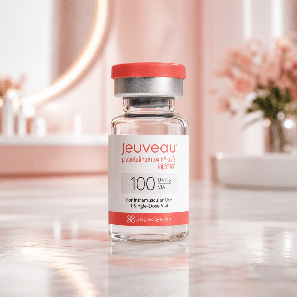 Botox Vs Jeuveau 3 Jeuveau Vial On Elegant Aesthetic Clinic Background For Botox Vs Jeuveau Comparison Article