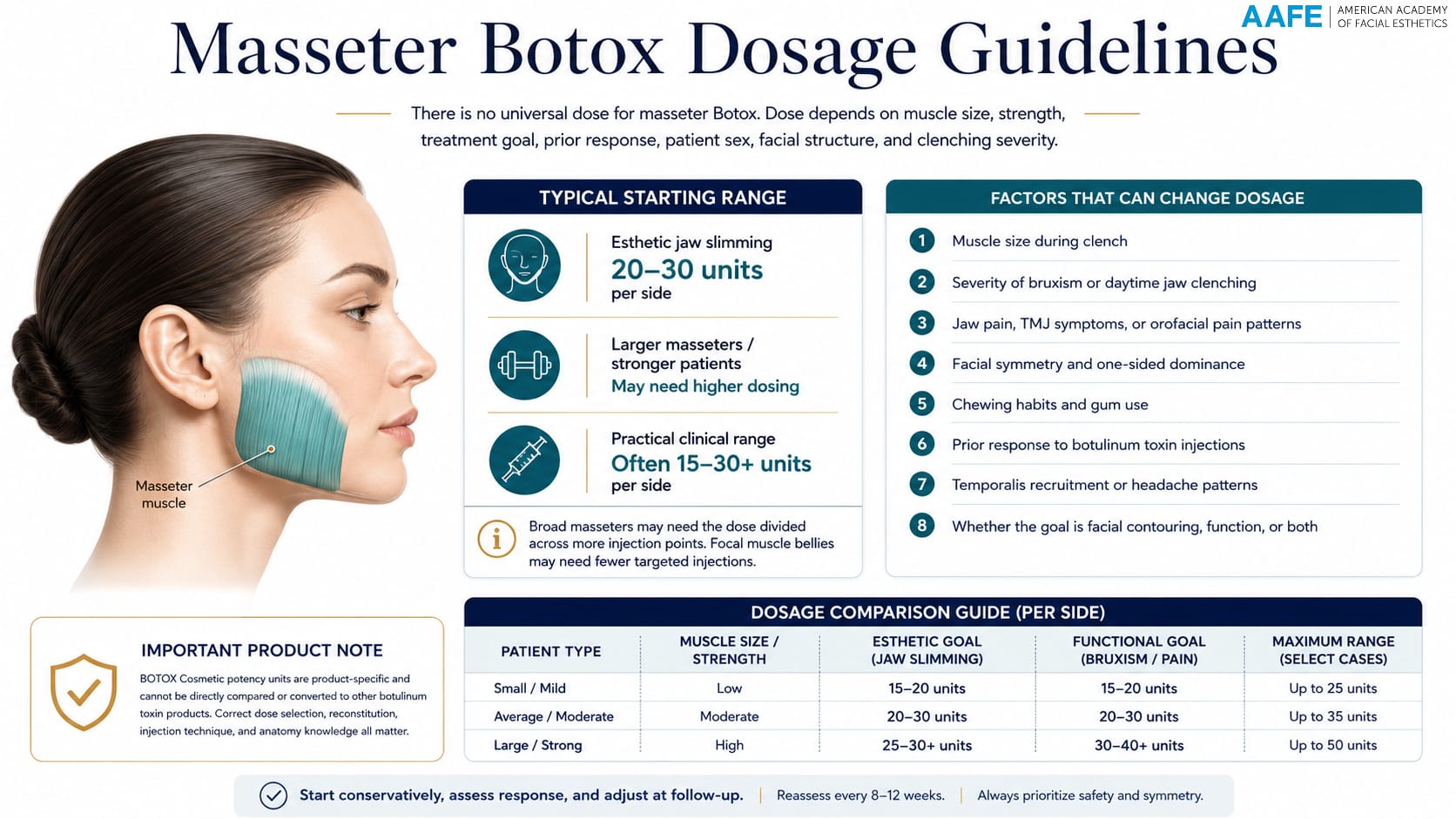 Masseter Botox Dosage Guidelines Infographic Showing Typical Units Per Side, Dosage Factors, Treatment Goals, And Clinical Dosing Comparison