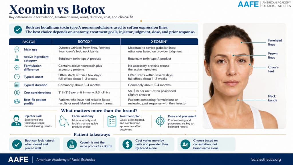 Xeomin®Vs Botox® 3 Xeomin Vs Botox Comparison Infographic Showing Formulation, Treatment Areas, Onset, Duration, Cost, And Patient Takeaways