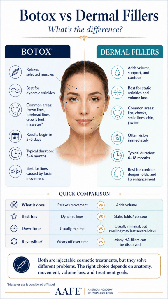 Botox Vs Dermal Fillers Vertical Infographic Comparing Botox For Dynamic Wrinkles And Dermal Fillers For Volume Loss, Contour, Lips, Cheeks, And Facial Folds