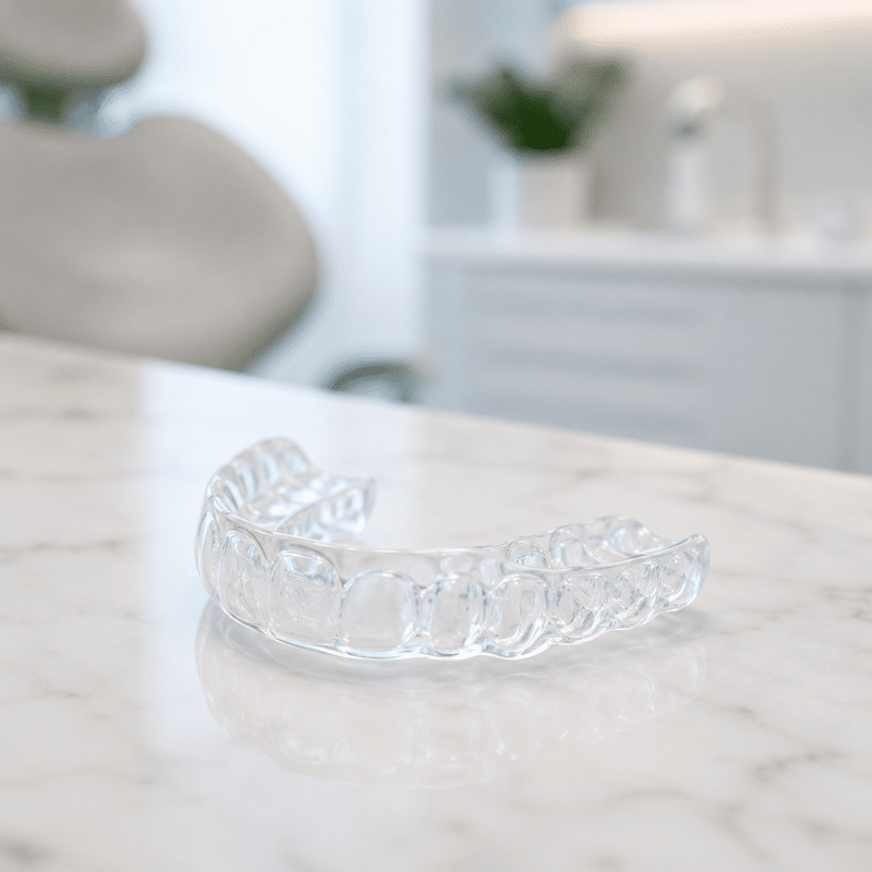 Clear Mouth Guard On Dental Clinic Countertop For Bruxism, Teeth Grinding, And Nighttime Tooth Protection