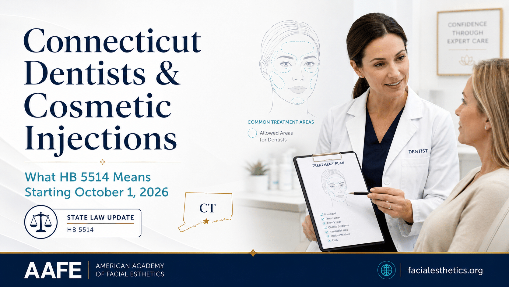 Connecticut Dentists Cosmetic Injections Featured Image Showing Hb 5514 State Law Update, Allowed Treatment Areas, Hands-On Training, And October 1 2026 Launch Guidance