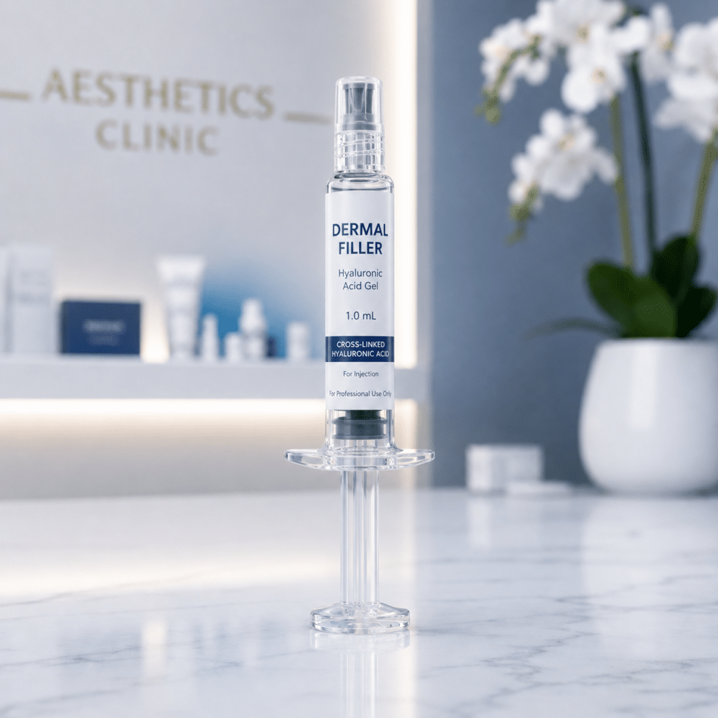 Dermal Filler Syringe On Clinical Aesthetic Background For Botox Vs Dermal Fillers Comparison Article