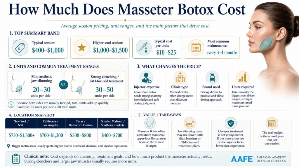 How Much Does Masseter Botox Cost Infographic Showing Session Pricing, Units Per Side, Location Cost Ranges, Price Factors, And Maintenance Timing For Jaw Slimming And Tmj-Related Treatment