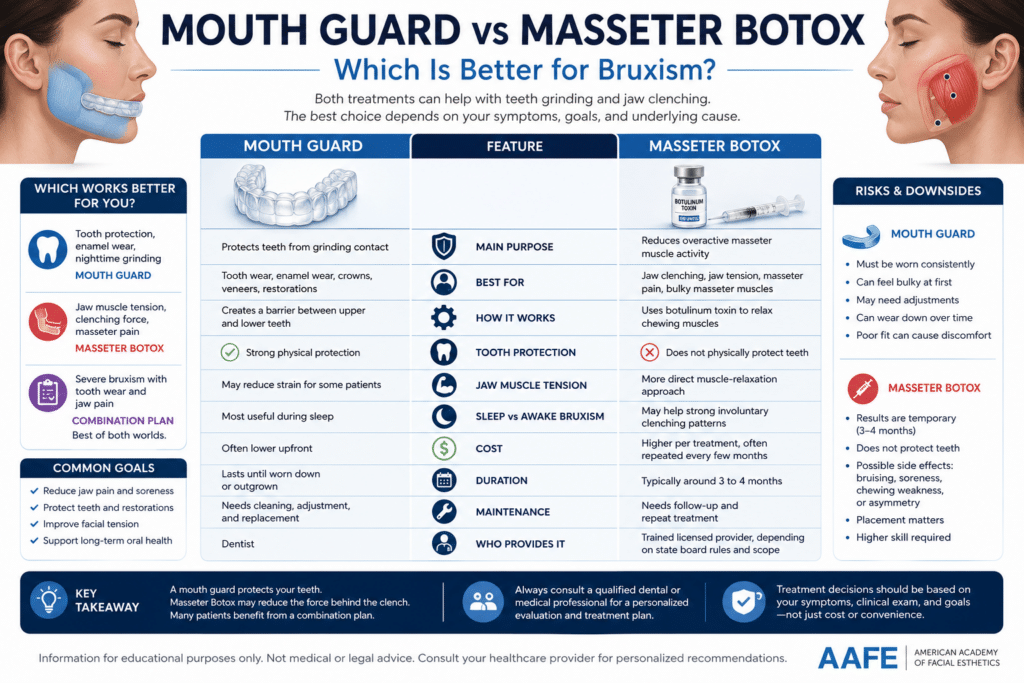 Mouth Guard Vs Masseter Botox Infographic Comparing Bruxism Treatment Options, Tooth Protection, Jaw Muscle Tension, Costs, Risks, And Combination Care