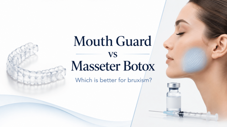 Mouth guard vs masseter Botox featured image showing night guard, masseter muscle, syringe, and bruxism treatment comparison