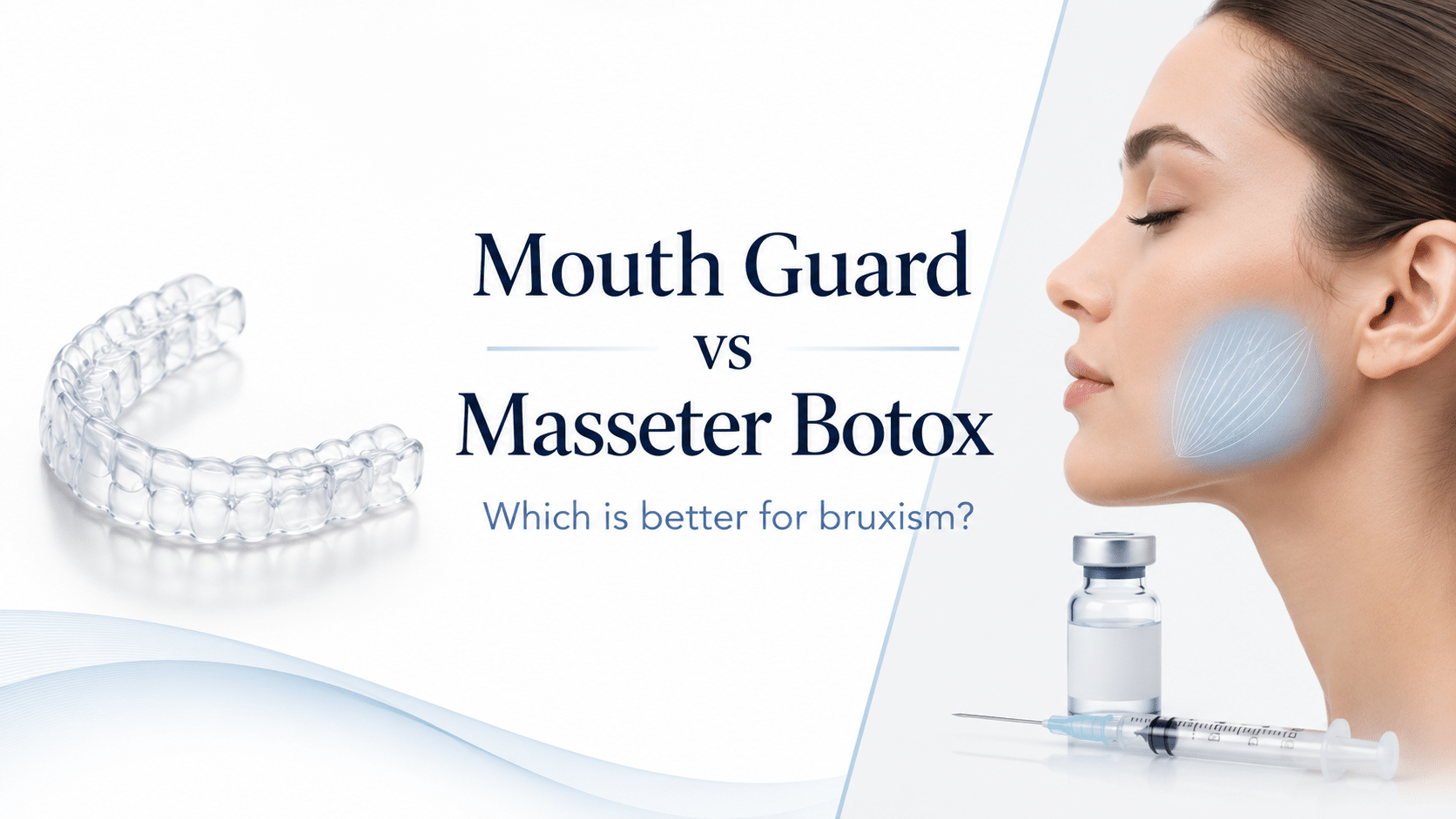 Mouth Guard Vs Masseter Botox Featured Image Showing Night Guard, Masseter Muscle, Syringe, And Bruxism Treatment Comparison