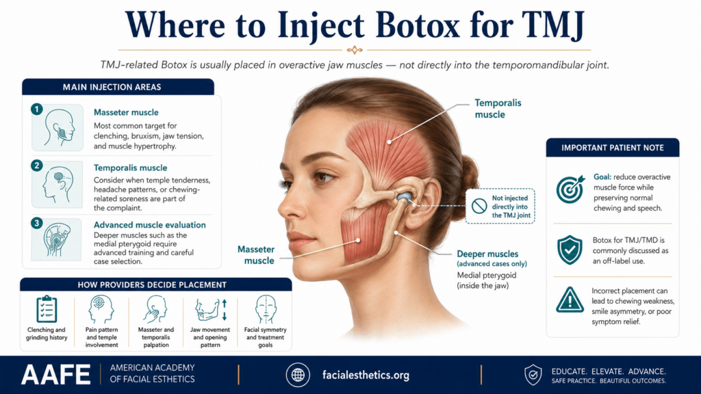 Where To Inject Botox For Tmj Infographic Showing Masseter, Temporalis, Deeper Jaw Muscles, Patient Notes, And Provider Placement Factors