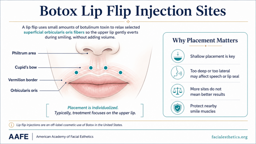 Botox Lip Flip Injection Sites Infographic Showing Superficial Orbicularis Oris Placement, Cupid’s Bow, Vermilion Border, Philtrum Area, And Placement Safety Notes