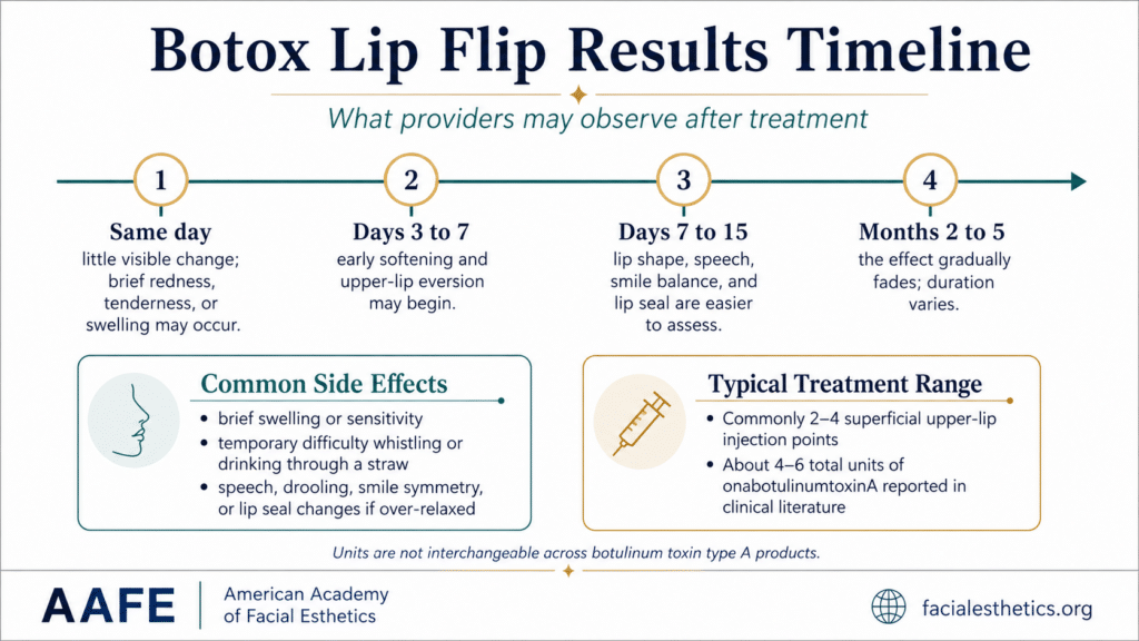 Botox Lip Flip Results Timeline Infographic Showing Same-Day Changes, Days 3 To 7, Days 7 To 15, Months 2 To 5, Side Effects, And Typical Treatment Range