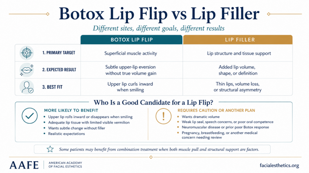 Botox Lip Flip Vs Lip Filler Infographic Comparing Muscle-Based Upper-Lip Eversion With Filler-Based Lip Volume, Shape, Definition, And Candidate Fit