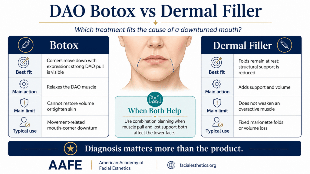 Dao Botox: How It Helps Downturned Mouth Corners 4 Dao Botox Vs Dermal Filler Infographic Comparing Botox For Muscle Pull And Filler For Volume Loss In Downturned Mouth Corners And Marionette Lines