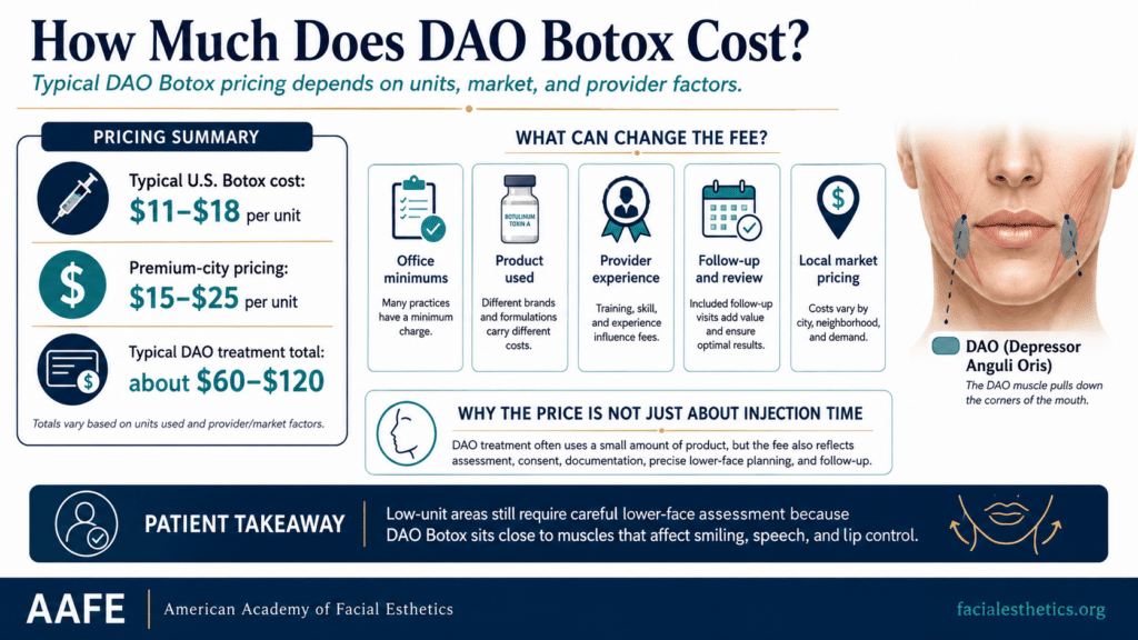 Dao Botox: How It Helps Downturned Mouth Corners 7 How Much Does Dao Botox Cost Infographic Showing Typical Per-Unit Pricing, Treatment Total, Provider Experience, Local Market Factors, And Dao Treatment Area