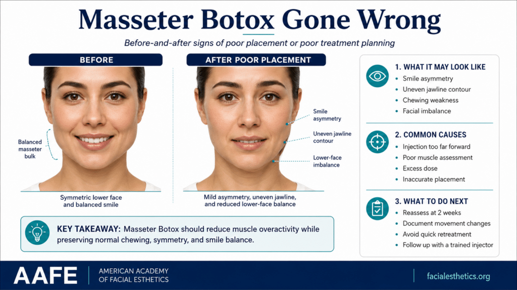 Masseter Botox Gone Wrong 2 Masseter Botox Gone Wrong Before-And-After Infographic Showing Smile Asymmetry, Uneven Jawline Contour, Lower-Face Imbalance, And Poor Placement Signs