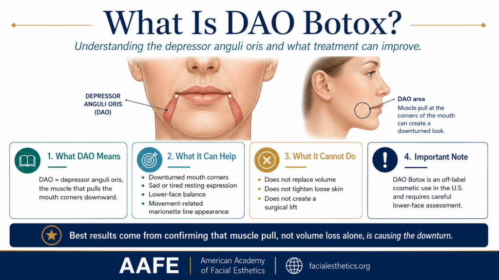 Dao Botox: How It Helps Downturned Mouth Corners 2 What Is Dao Botox Infographic Showing Depressor Anguli Oris Anatomy, Downturned Mouth Corners, Treatment Benefits, Limits, And Off-Label Lower-Face Use