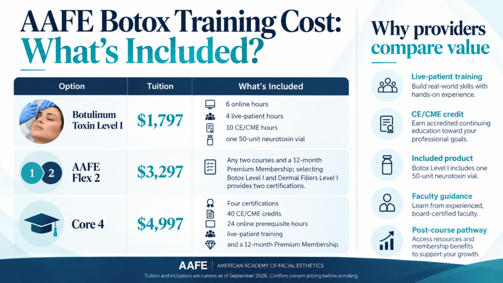 Aafe Botox Training Cost Infographic Showing Level I, Flex 2, And Core 4 Pricing With Live-Patient Training, Ce/Cme Credits, Included Product, And Membership Benefits
