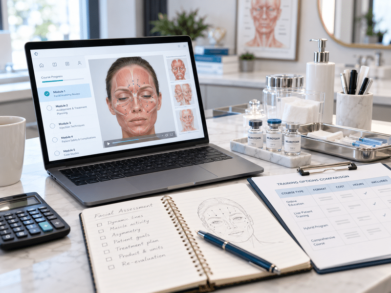Botox Training Workspace With Online Facial Anatomy Module, Neurotoxin Vials, Injection Supplies, Calculator, And Course Comparison Checklist
