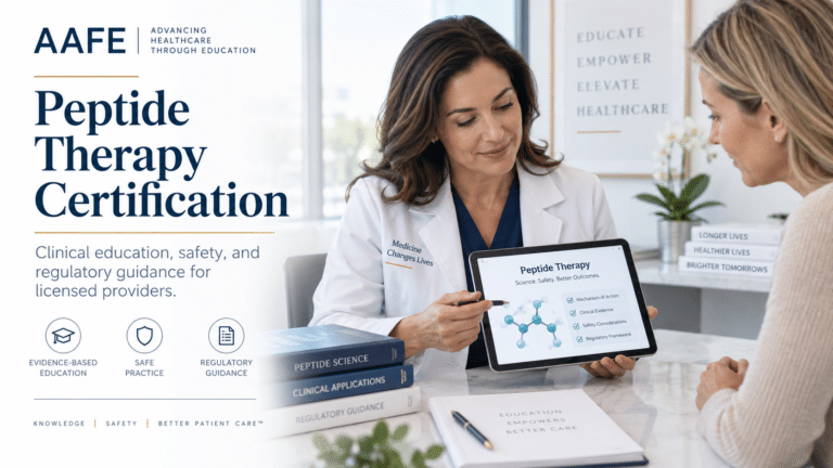 Peptide Therapy Certification Featured Image Showing Clinician Explaining Peptide Science, Patient Safety, And Regulatory Guidance To A Patient