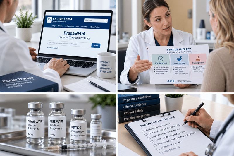 Clinician Reviewing Fda-Approved Peptide Information, Peptide Therapy Categories, Product Vials, And Clinical Checklist For Safe Provider Decision-Making