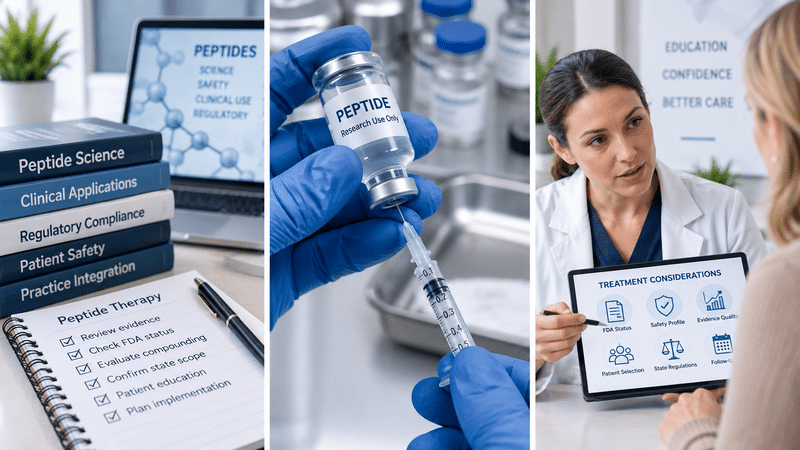 Peptide Therapy Clinical Education Images Showing Regulatory Checklist, Research-Use Peptide Vial, And Clinician Discussing Treatment Considerations With Patient