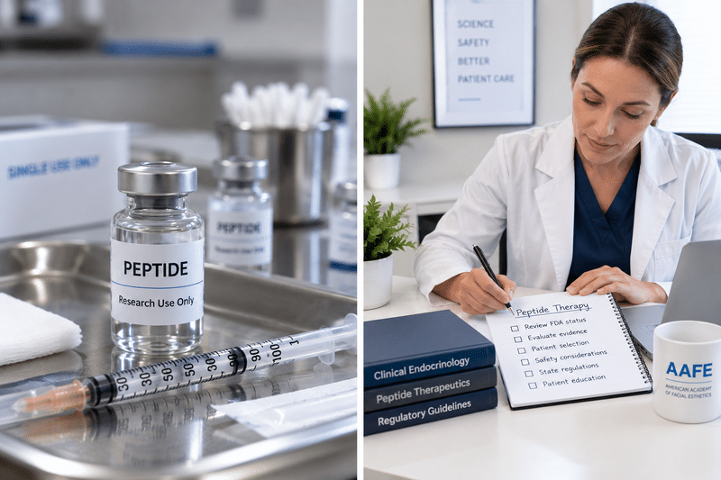 Peptide Therapy Image Showing Research-Use Peptide Vial, Syringe, And Clinician Completing Fda Status, Evidence, Safety, And Patient Education Checklist