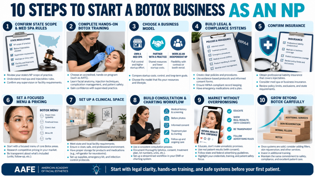 10 Steps To Start A Botox Business As A Nurse Practitioner, Covering State Laws, Hands-On Training, Insurance, Pricing, Compliance, And Marketing