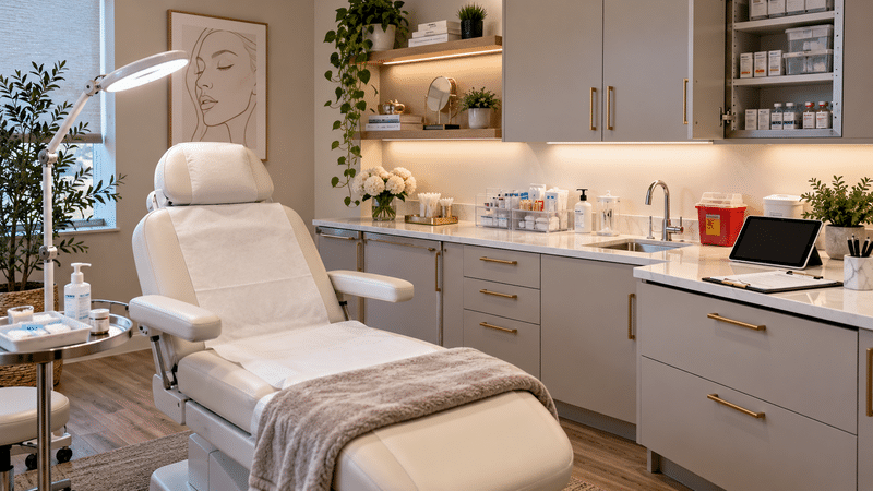 Modern Medical Spa Botox Treatment Room With Adjustable Clinical Chair, Sterile Supplies, Product Storage, And Patient Care Equipment