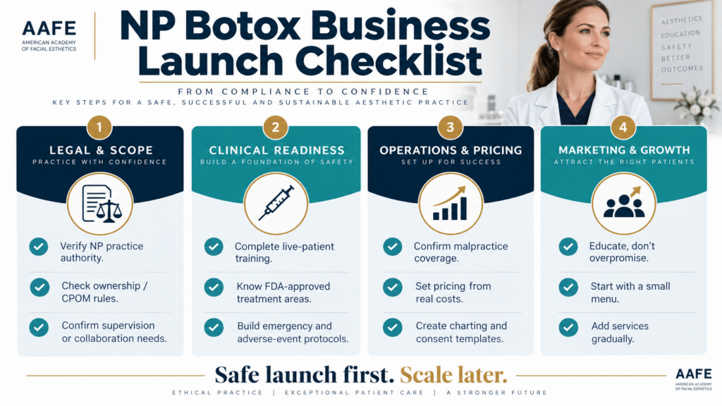 Np Botox Business Launch Checklist Covering Legal Requirements, Clinical Training, Insurance, Operations, Pricing, And Patient Acquisition